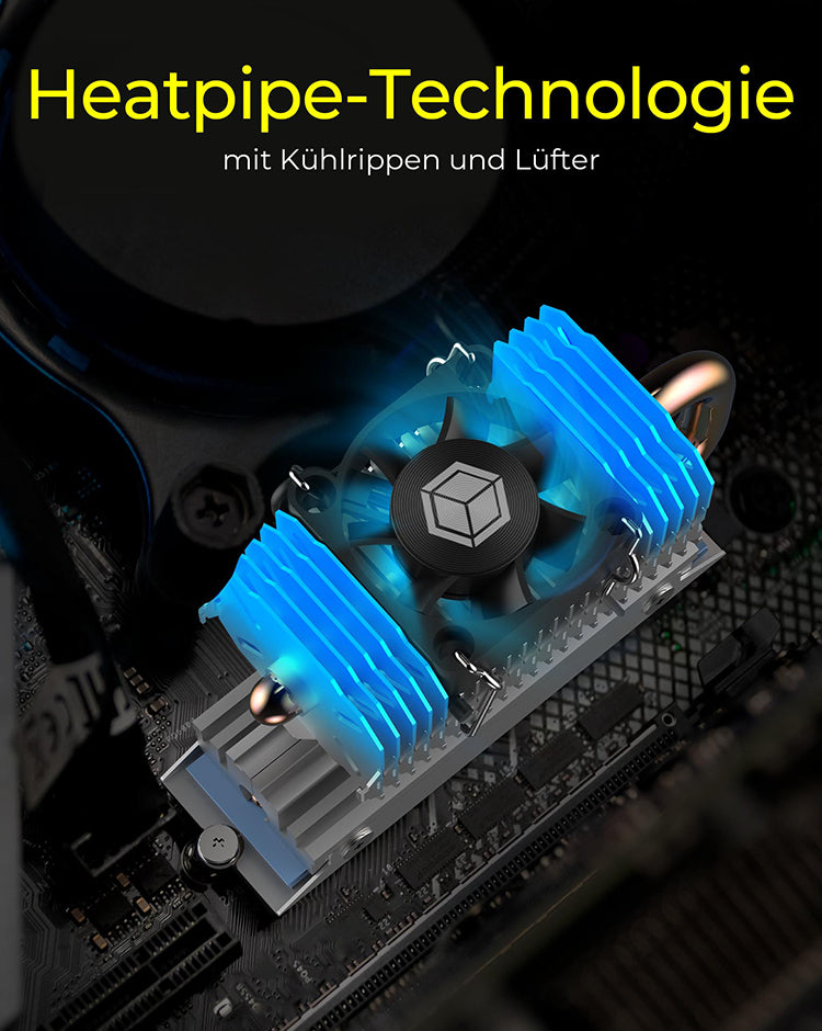 ICY BOX IB-M2HSF-705, M.2 Kühler mit Heatpipe und 30 mm Lüfter,Aluminium, Für M.2 SSDs max. 2280, silber