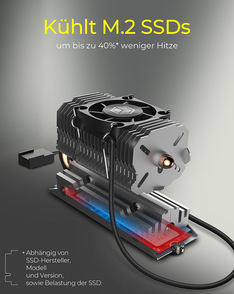 ICY BOX IB-M2HSF-705, M.2 Kühler mit Heatpipe und 30 mm Lüfter,Aluminium, Für M.2 SSDs max. 2280, silber