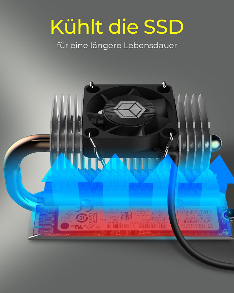 ICY BOX IB-M2HSF-705, M.2 Kühler mit Heatpipe und 30 mm Lüfter,Aluminium, Für M.2 SSDs max. 2280, silber