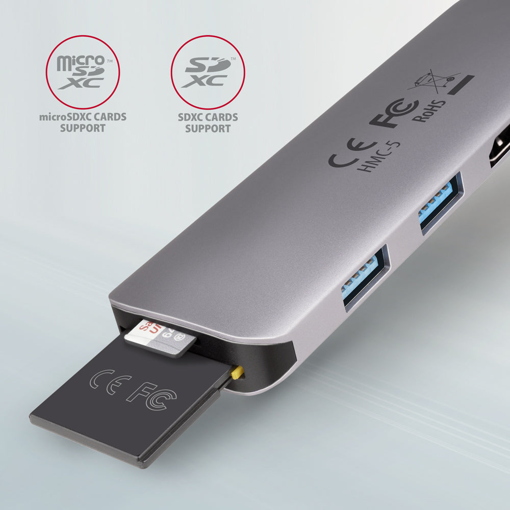 Axagon HMC-5 USB 3.2 Gen 1 hub, 2x USB-A, HDMI, SD/microSD, PD 100W