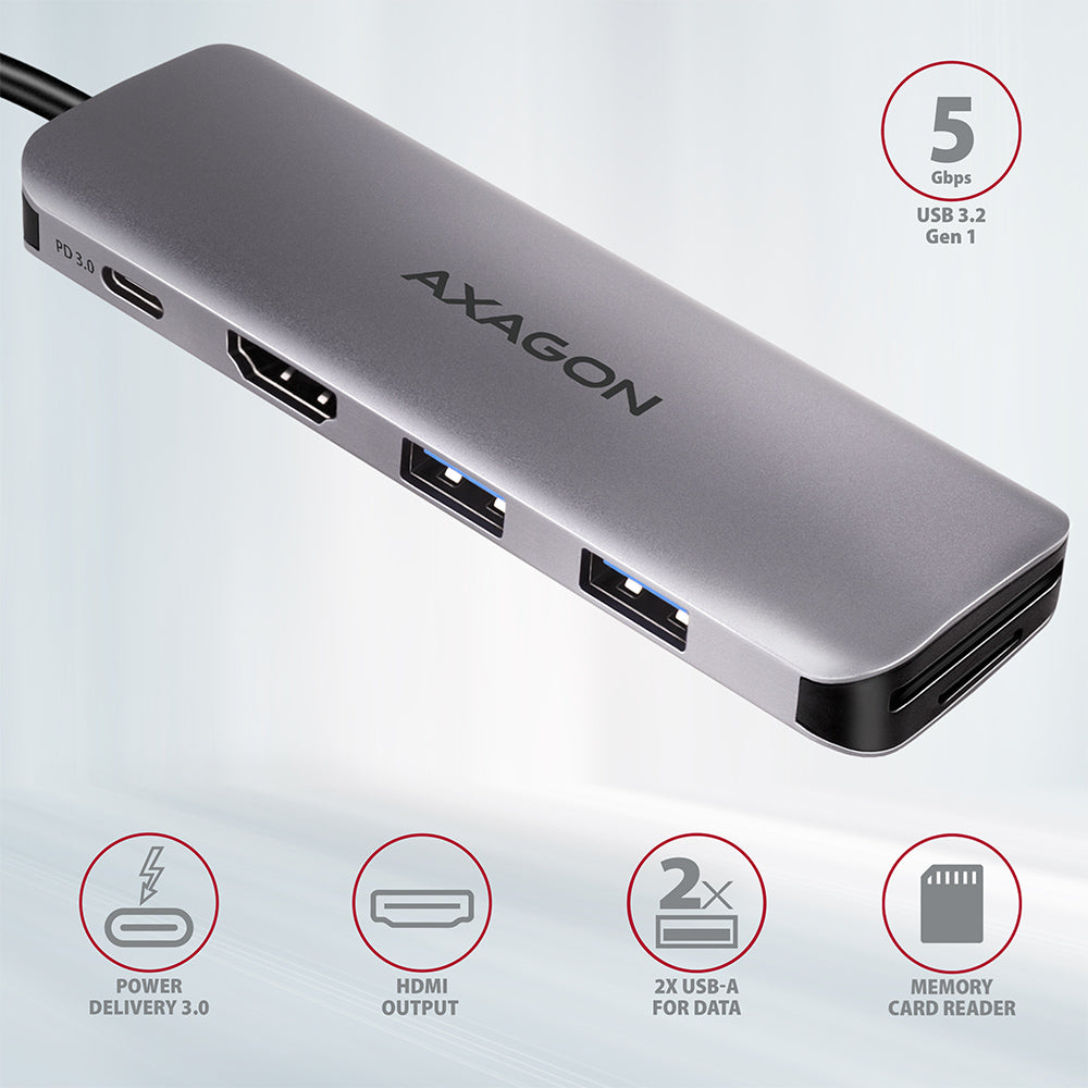 Axagon HMC-5 USB 3.2 Gen 1 hub, 2x USB-A, HDMI, SD/microSD, PD 100W