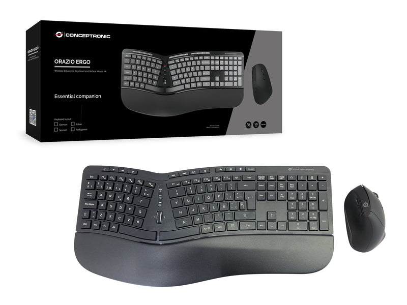 Conceptronic ORAZIO ERGO Kabelloses Set aus ergonomischer Tastatur und vertikaler Maus, spanisch