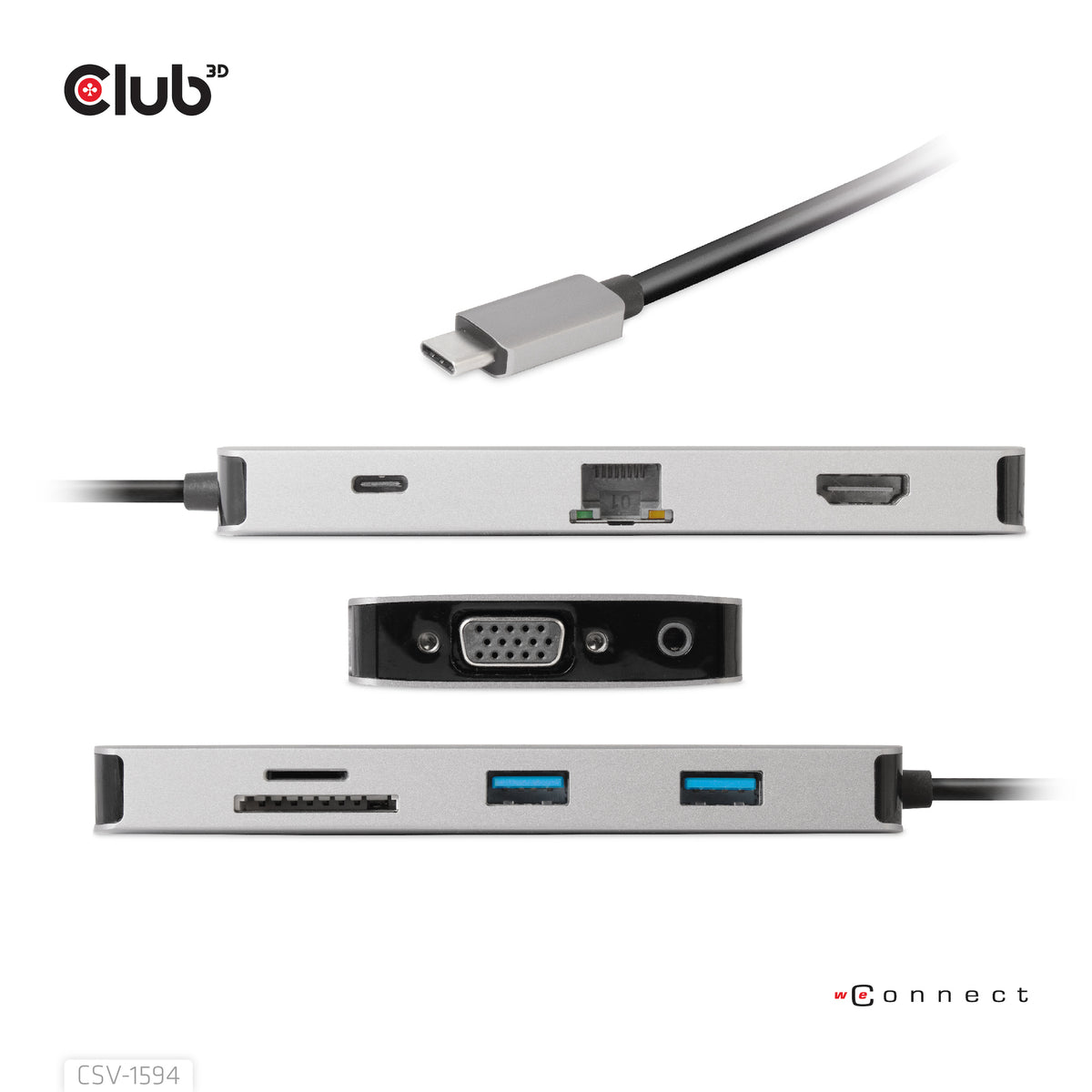 CLUB3D USB Gen1 Type-C 9-in-1 hub with HDMI, VGA, 2x USB Gen1 Type-A, RJ45, SD/Micro SD card slots and USB Gen1 Type-C Female port