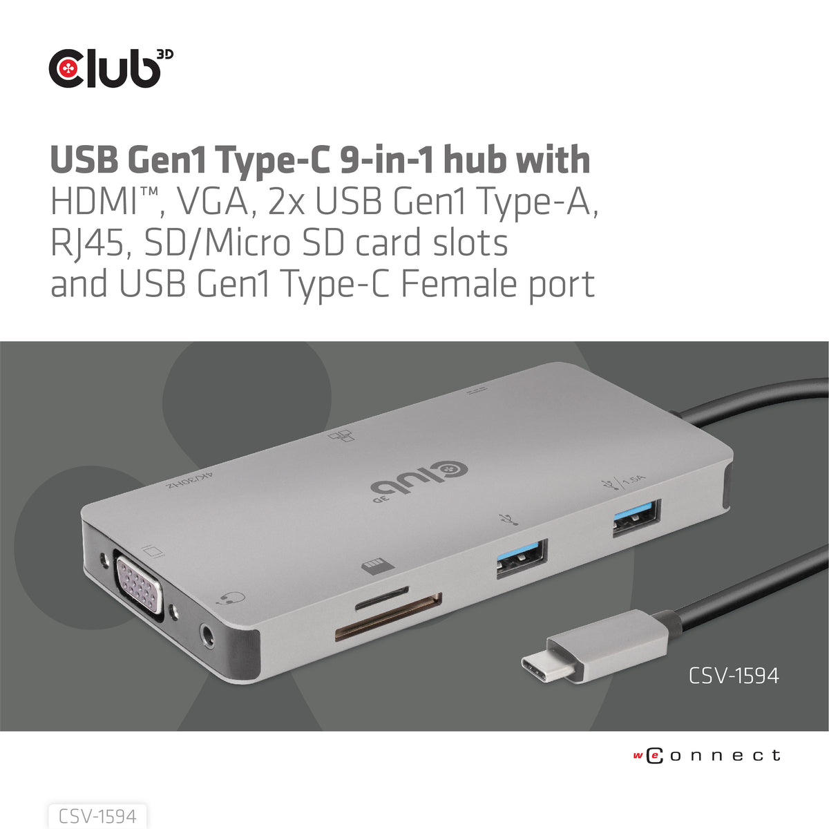 CLUB3D USB Gen1 Type-C 9-in-1 hub with HDMI, VGA, 2x USB Gen1 Type-A, RJ45, SD/Micro SD card slots and USB Gen1 Type-C Female port
