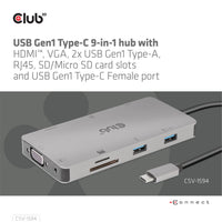 CLUB3D USB Gen1 Type-C 9-in-1 hub with HDMI, VGA, 2x USB Gen1 Type-A, RJ45, SD/Micro SD card slots and USB Gen1 Type-C Female port
