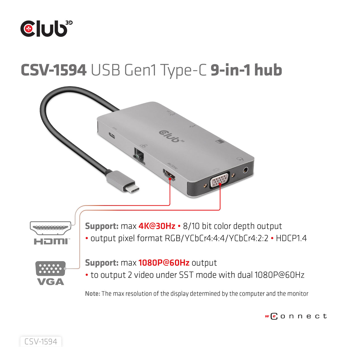CLUB3D USB Gen1 Type-C 9-in-1 hub with HDMI, VGA, 2x USB Gen1 Type-A, RJ45, SD/Micro SD card slots and USB Gen1 Type-C Female port