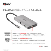 CLUB3D USB Gen1 Type-C 9-in-1 hub with HDMI, VGA, 2x USB Gen1 Type-A, RJ45, SD/Micro SD card slots and USB Gen1 Type-C Female port