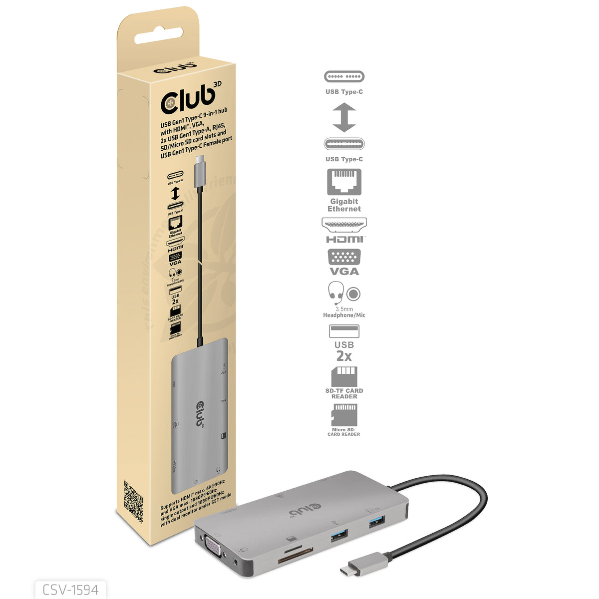 CLUB3D USB Gen1 Type-C 9-in-1 hub with HDMI, VGA, 2x USB Gen1 Type-A, RJ45, SD/Micro SD card slots and USB Gen1 Type-C Female port