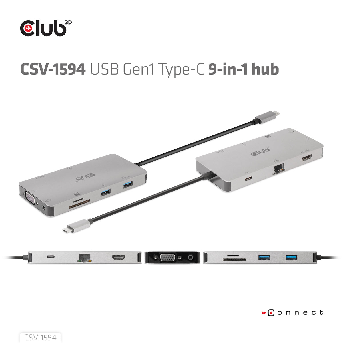 CLUB3D USB Gen1 Type-C 9-in-1 hub with HDMI, VGA, 2x USB Gen1 Type-A, RJ45, SD/Micro SD card slots and USB Gen1 Type-C Female port
