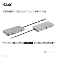 CLUB3D USB Gen1 Type-C 9-in-1 hub with HDMI, VGA, 2x USB Gen1 Type-A, RJ45, SD/Micro SD card slots and USB Gen1 Type-C Female port