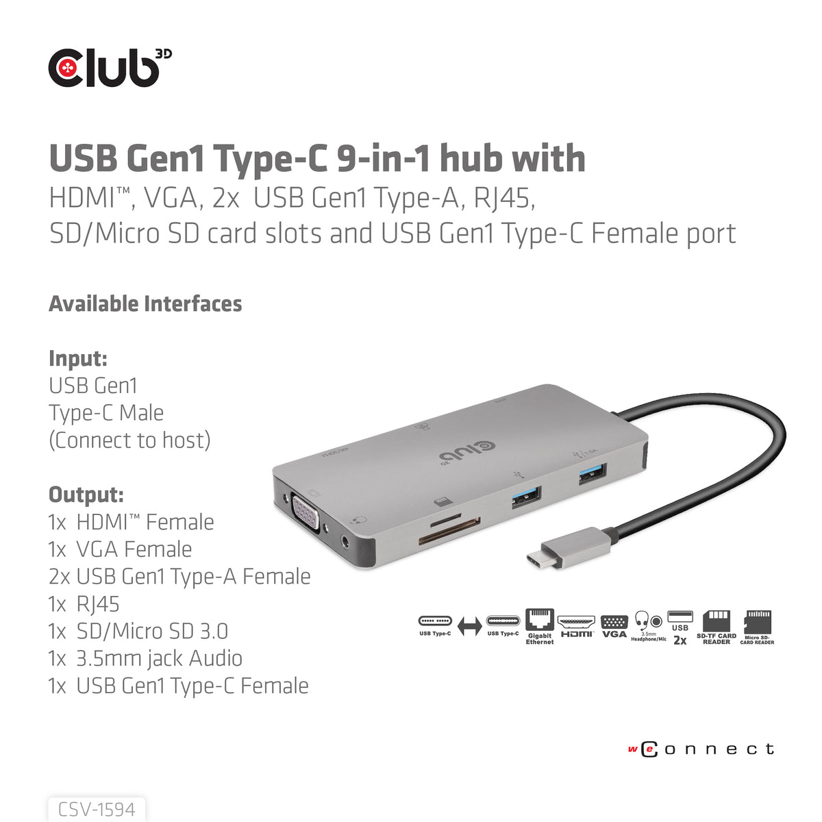 CLUB3D USB Gen1 Type-C 9-in-1 hub with HDMI, VGA, 2x USB Gen1 Type-A, RJ45, SD/Micro SD card slots and USB Gen1 Type-C Female port