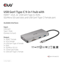 CLUB3D USB Gen1 Type-C 9-in-1 hub with HDMI, VGA, 2x USB Gen1 Type-A, RJ45, SD/Micro SD card slots and USB Gen1 Type-C Female port