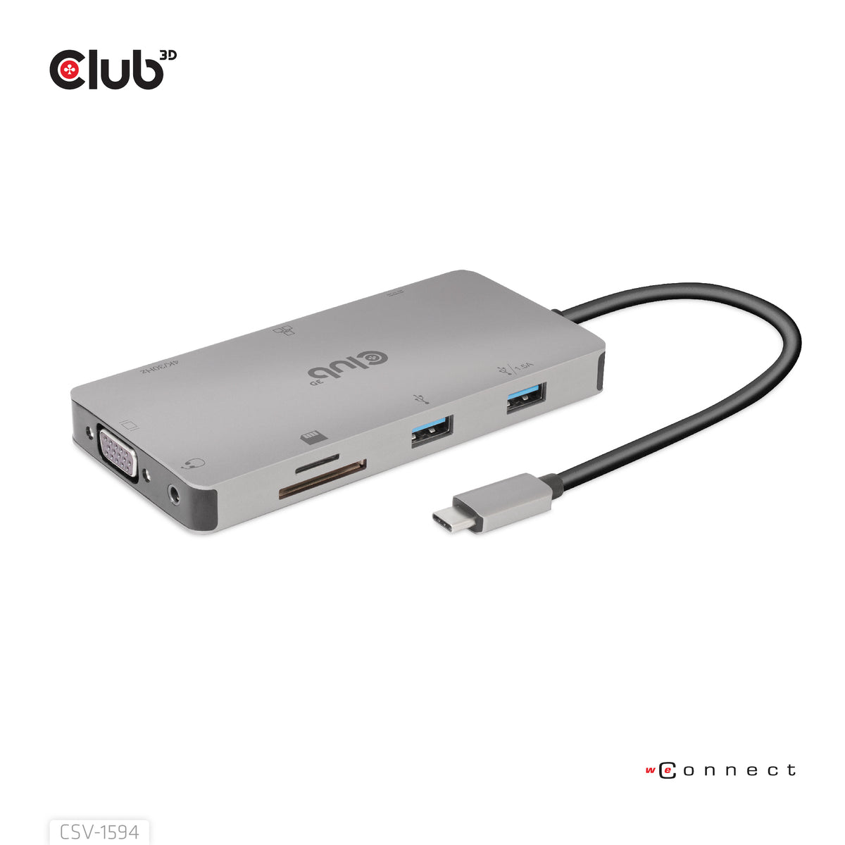 CLUB3D USB Gen1 Type-C 9-in-1 hub with HDMI, VGA, 2x USB Gen1 Type-A, RJ45, SD/Micro SD card slots and USB Gen1 Type-C Female port