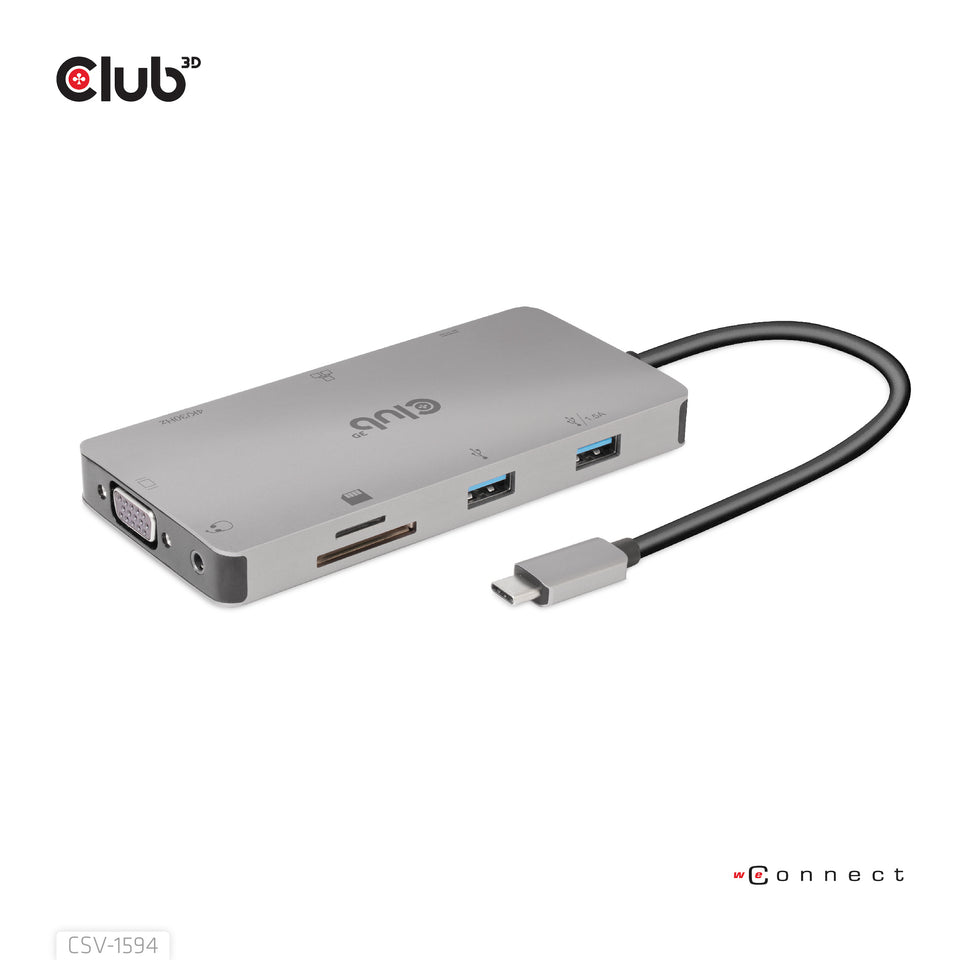 CLUB3D USB Gen1 Type-C 9-in-1 hub with HDMI, VGA, 2x USB Gen1 Type-A, RJ45, SD/Micro SD card slots and USB Gen1 Type-C Female port