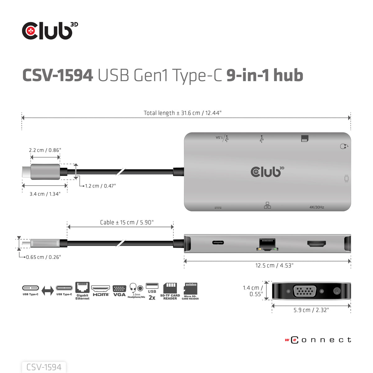 CLUB3D USB Gen1 Type-C 9-in-1 hub with HDMI, VGA, 2x USB Gen1 Type-A, RJ45, SD/Micro SD card slots and USB Gen1 Type-C Female port