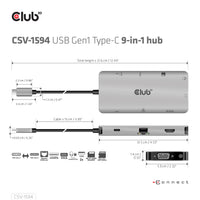 CLUB3D USB Gen1 Type-C 9-in-1 hub with HDMI, VGA, 2x USB Gen1 Type-A, RJ45, SD/Micro SD card slots and USB Gen1 Type-C Female port