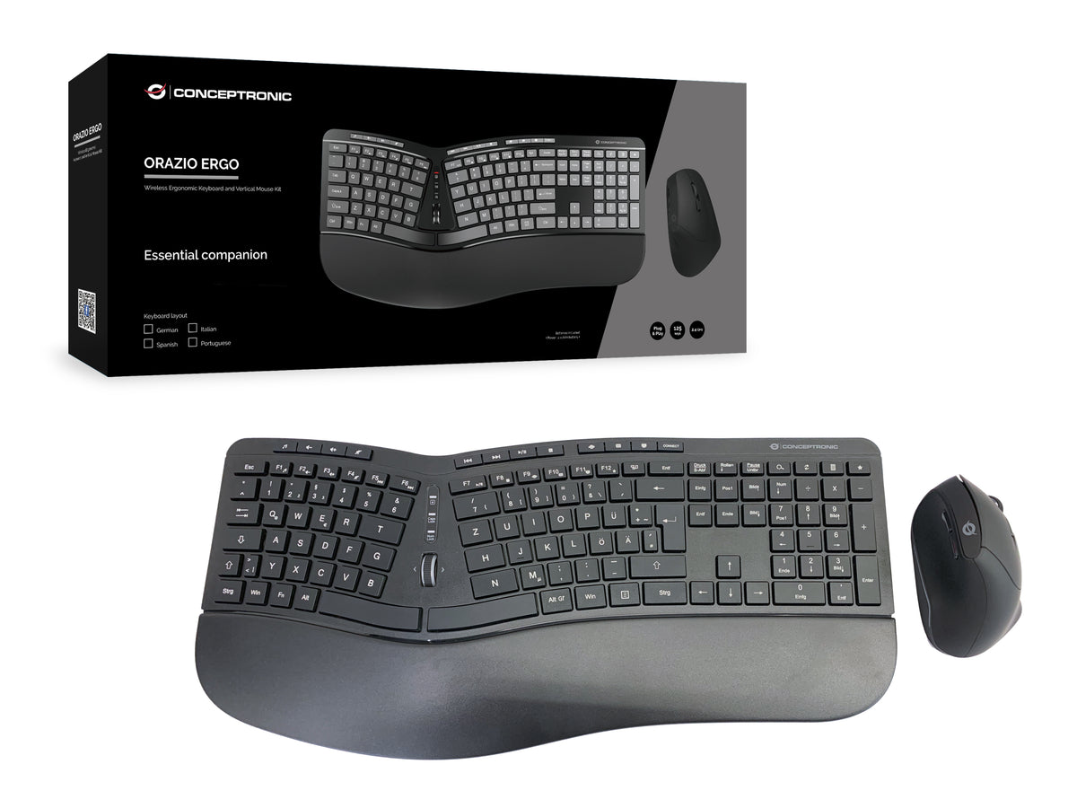 Conceptronic ORAZIO ERGO Kabelloses Set aus ergonomischer Tastatur und vertikaler Maus, deutsch