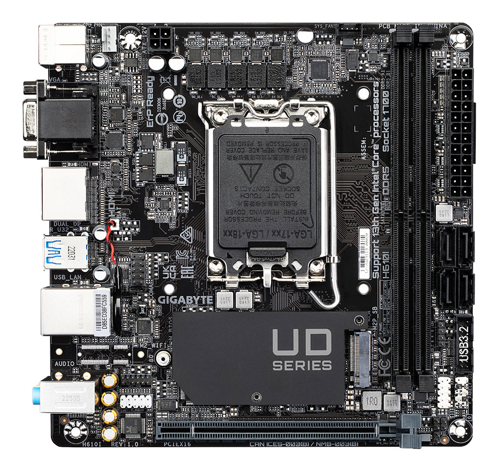 GIGABYTE H610I Motherboard - Unterstützt Intel Core 14. Generation CPUs, 4+1+1 Hybrid Digital VRM, bis zu 5600MHz DDR5, 1xPCIe 3.0 M.2, GbE LAN, USB 3.2 Gen 1