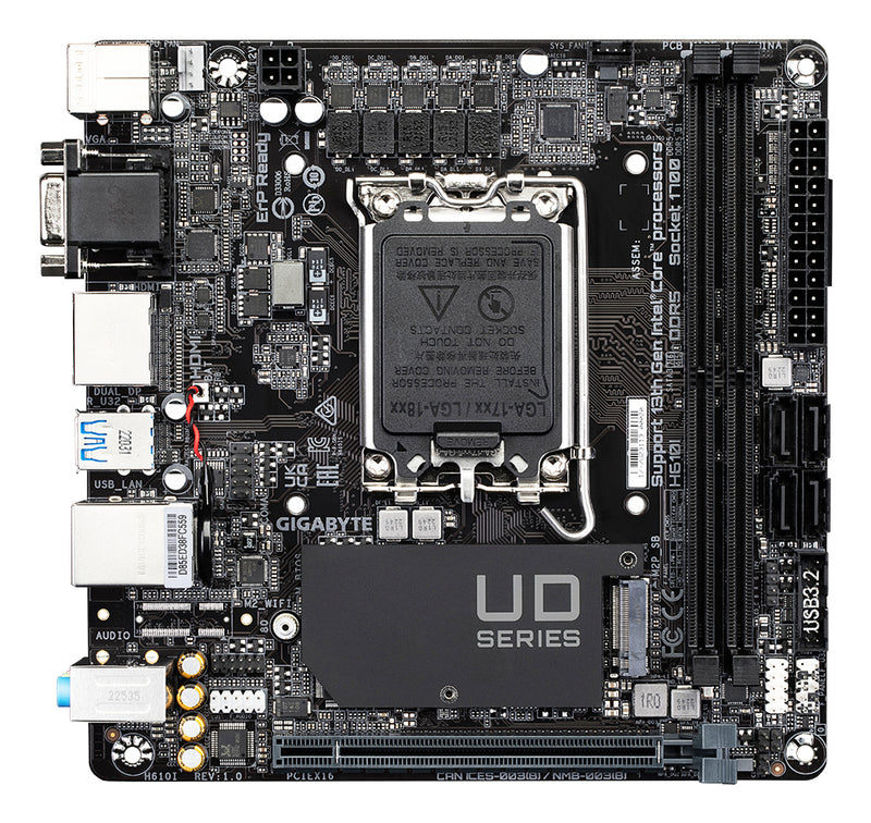 GIGABYTE H610I Motherboard - Unterstützt Intel Core 14. Generation CPUs, 4+1+1 Hybrid Digital VRM, bis zu 5600MHz DDR5, 1xPCIe 3.0 M.2, GbE LAN, USB 3.2 Gen 1