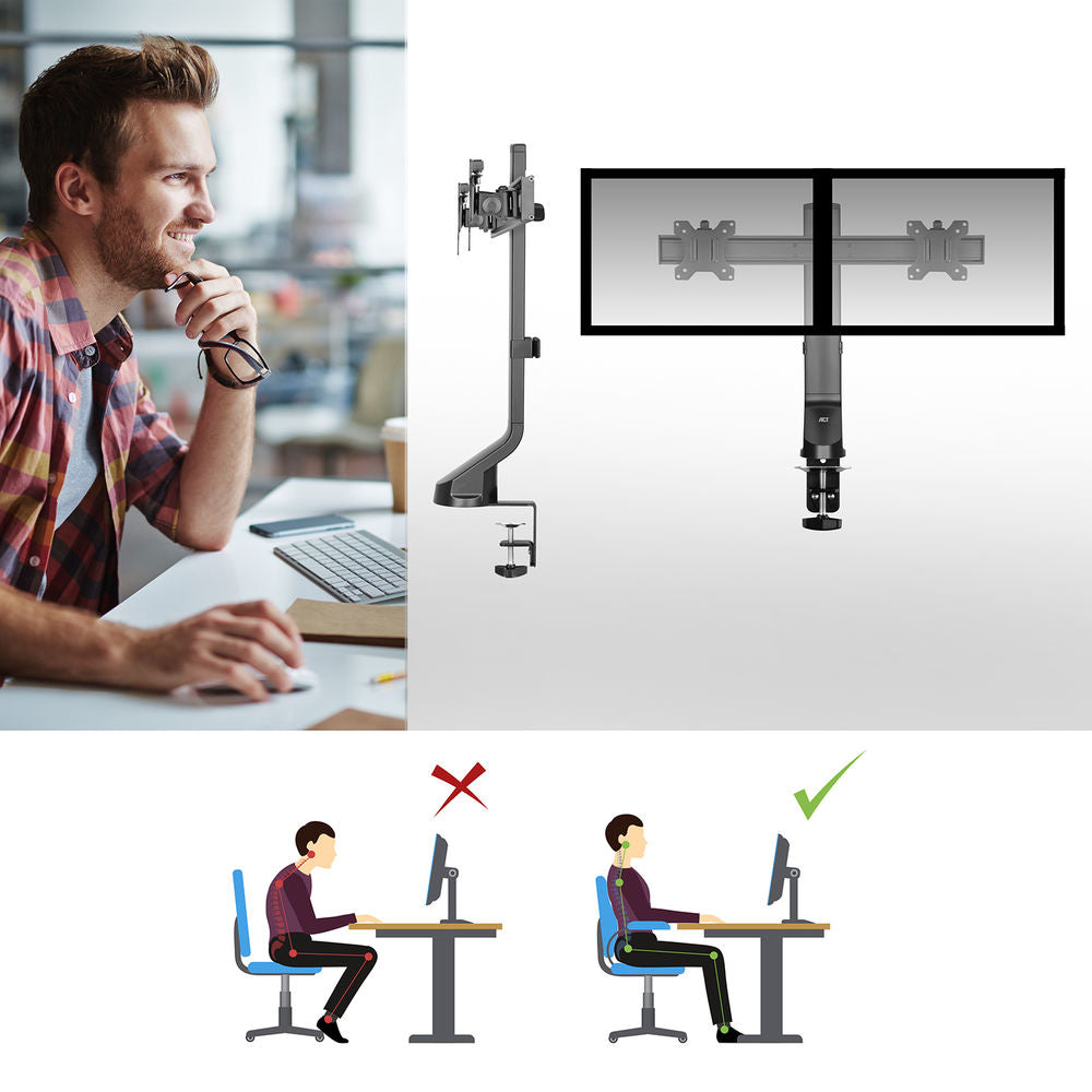Supporto da tavolo per monitor ACT con barra trasversale, 2 schermi fino a 27", con vite a testa zigrinata