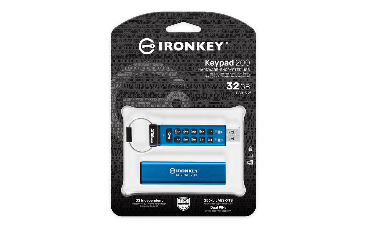 Kingston Technology IronKey 32GB Keypad 200, FIPS 140-3 Lvl 3 AES-256 Verschlüsselung