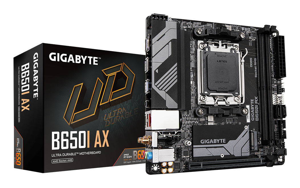 GIGABYTE B650I AX Mainboard - AMD Ryzen 9000er-Serie, 5+2+1 Phasen VRM, bis zu 6400 MHz DDR5 (OC), 1xPCIe 4.0 M.2, 2,5 GbE LAN, WIFI 6E, USB 3.2 Gen 2