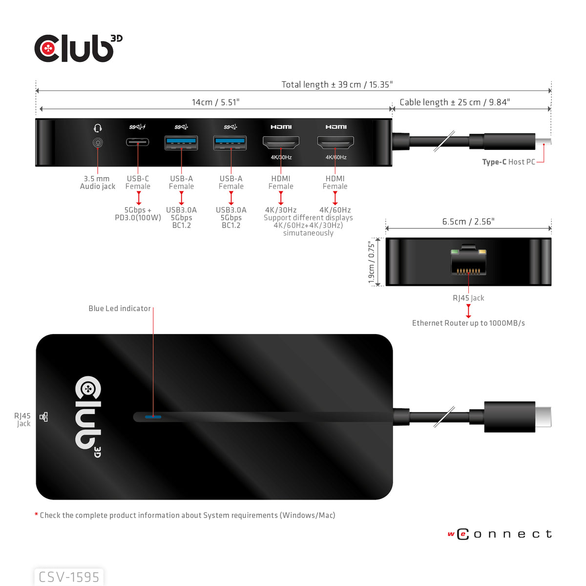 CLUB3D USB Gen1 Type-C 7-in-1 hub with 2x HDMI, 2x USB Gen1 Type-A, 1x RJ45, 1x 3.5mm Audio, 1x USB Gen1 Type-C 100W Female port