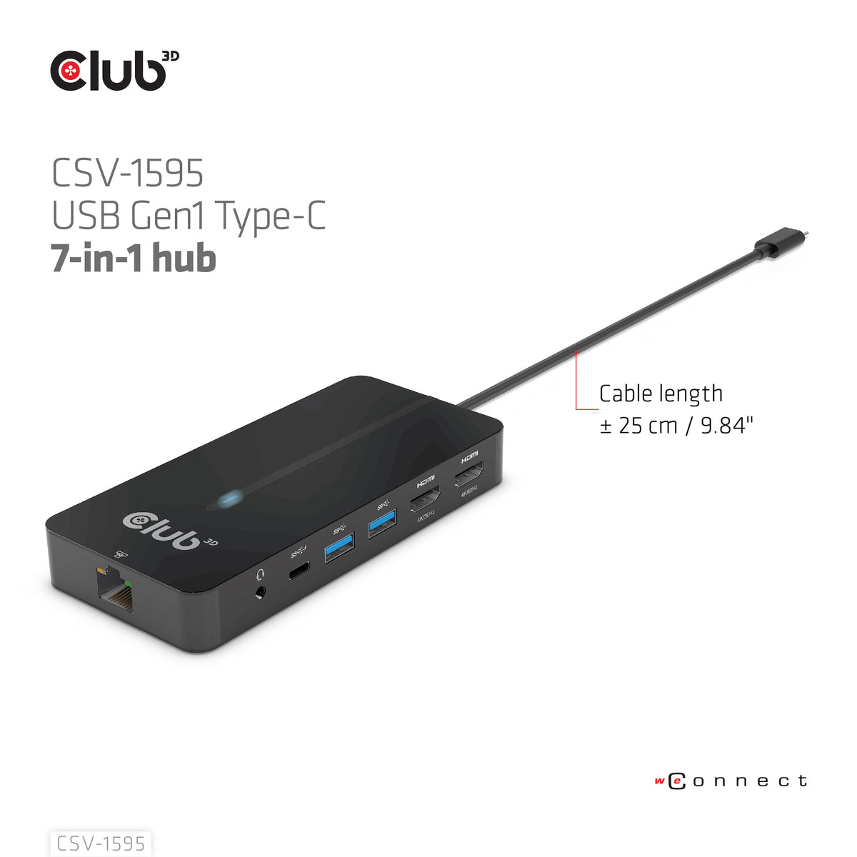 CLUB3D USB Gen1 Type-C 7-in-1 hub with 2x HDMI, 2x USB Gen1 Type-A, 1x RJ45, 1x 3.5mm Audio, 1x USB Gen1 Type-C 100W Female port