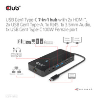 CLUB3D USB Gen1 Type-C 7-in-1 hub with 2x HDMI, 2x USB Gen1 Type-A, 1x RJ45, 1x 3.5mm Audio, 1x USB Gen1 Type-C 100W Female port