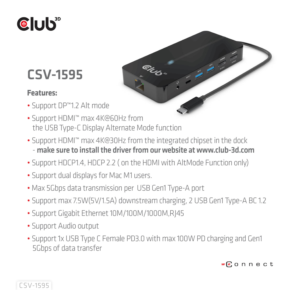 CLUB3D USB Gen1 Type-C 7-in-1 hub with 2x HDMI, 2x USB Gen1 Type-A, 1x RJ45, 1x 3.5mm Audio, 1x USB Gen1 Type-C 100W Female port