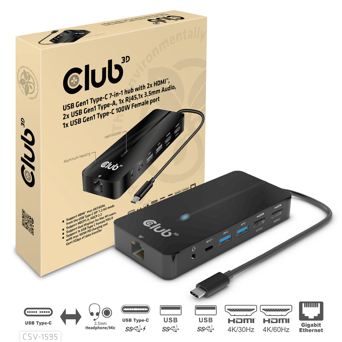 CLUB3D USB Gen1 Type-C 7-in-1 hub with 2x HDMI, 2x USB Gen1 Type-A, 1x RJ45, 1x 3.5mm Audio, 1x USB Gen1 Type-C 100W Female port