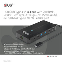 CLUB3D USB Gen1 Type-C 7-in-1 hub with 2x HDMI, 2x USB Gen1 Type-A, 1x RJ45, 1x 3.5mm Audio, 1x USB Gen1 Type-C 100W Female port