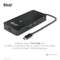 CLUB3D USB Gen1 Type-C 7-in-1 hub with 2x HDMI, 2x USB Gen1 Type-A, 1x RJ45, 1x 3.5mm Audio, 1x USB Gen1 Type-C 100W Female port