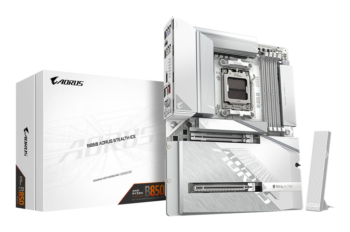 GIGABYTE B850 AORUS STEALTH ICE Mainboard – Unterstützt AMD Ryzen 9000 Serie CPUs, digitales 14+2+2 Phasen VRM, bis zu 8200 MHz DDR5 (OC), 2 x PCIe 5.0 + 2 x PCIe 4.0 M.2, Wi-Fi 7, 5 GbE LAN, USB 3.2 Gen 2