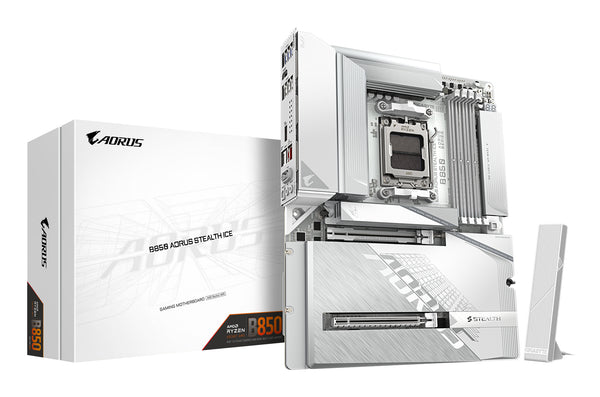 GIGABYTE B850 AORUS STEALTH ICE Mainboard – Unterstützt AMD Ryzen 9000 Serie CPUs, digitales 14+2+2 Phasen VRM, bis zu 8200 MHz DDR5 (OC), 2 x PCIe 5.0 + 2 x PCIe 4.0 M.2, Wi-Fi 7, 5 GbE LAN, USB 3.2 Gen 2