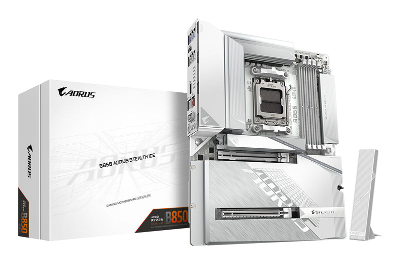 GIGABYTE B850 AORUS STEALTH ICE Mainboard – Unterstützt AMD Ryzen 9000 Serie CPUs, digitales 14+2+2 Phasen VRM, bis zu 8200 MHz DDR5 (OC), 2 x PCIe 5.0 + 2 x PCIe 4.0 M.2, Wi-Fi 7, 5 GbE LAN, USB 3.2 Gen 2