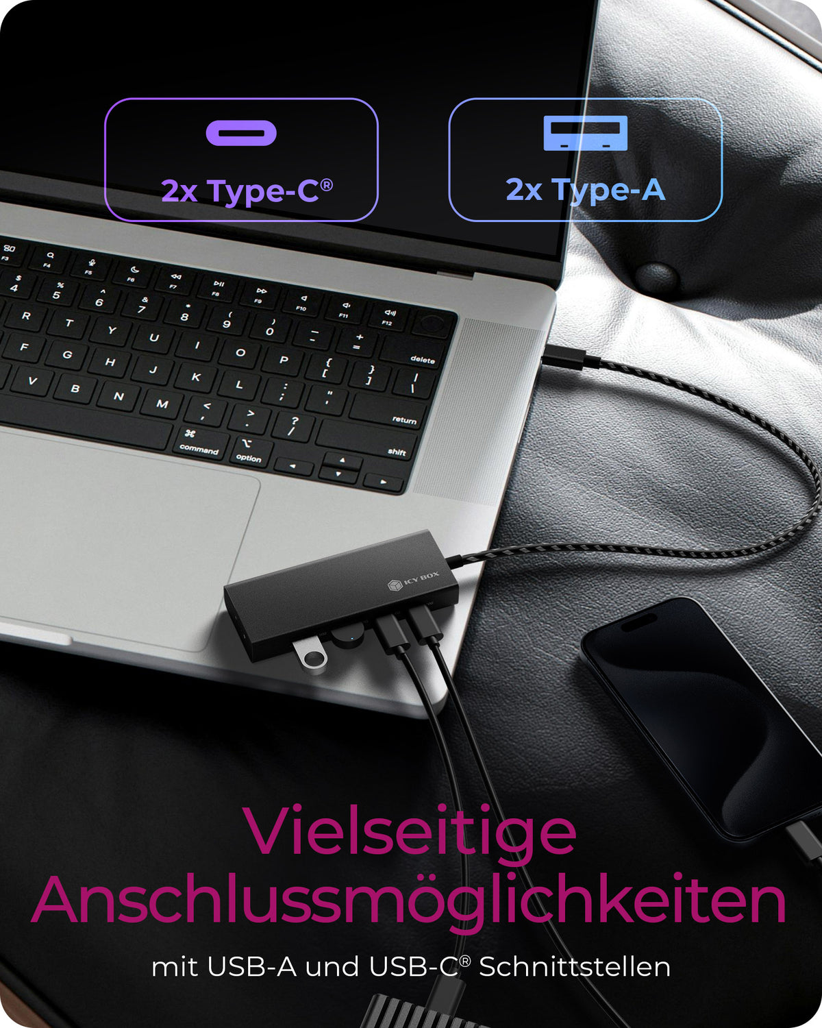 ICY BOX IB-HUB1436-CPD, USB 3.2 Gen 2 Hub, 1x Type-C® zu 2x Type-C® und 2x Type-A USB Anschlüssen 10 Gbit/S und Power Delivery bis zu 100 W, schwarz