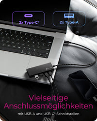 ICY BOX IB-HUB1436-CPD, USB 3.2 Gen 2 Hub, 1x Type-C® zu 2x Type-C® und 2x Type-A USB Anschlüssen 10 Gbit/S und Power Delivery bis zu 100 W, schwarz
