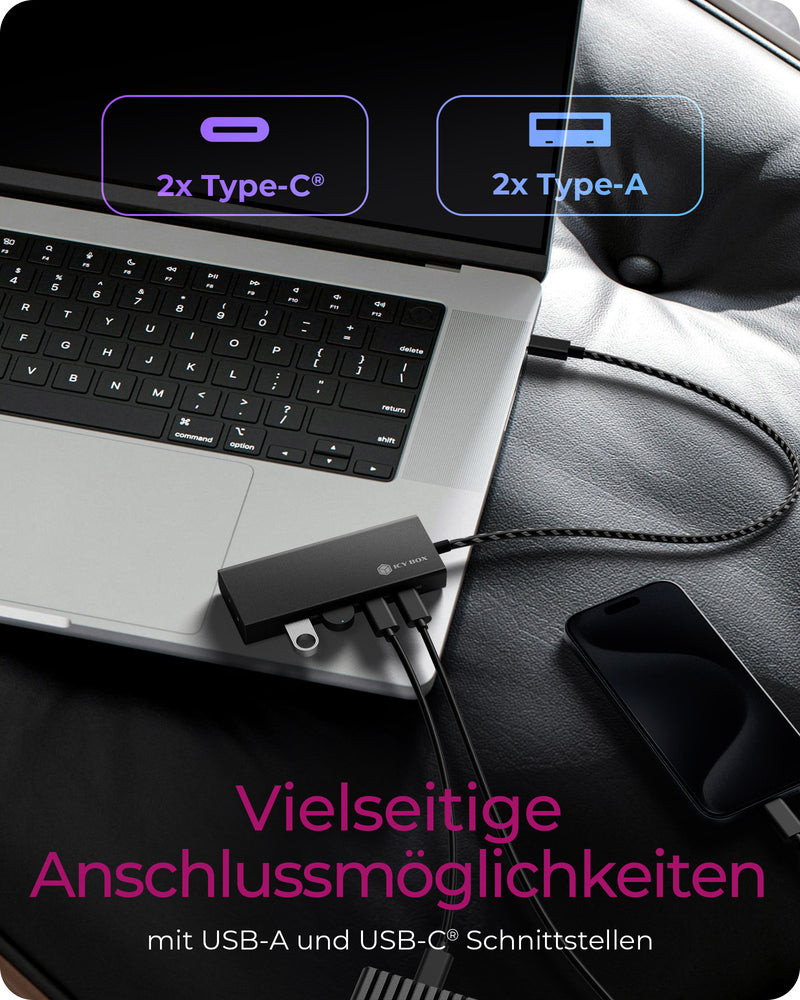 ICY BOX IB-HUB1436-CPD, USB 3.2 Gen 2 Hub, 1x Type-C® zu 2x Type-C® und 2x Type-A USB Anschlüssen 10 Gbit/S und Power Delivery bis zu 100 W, schwarz