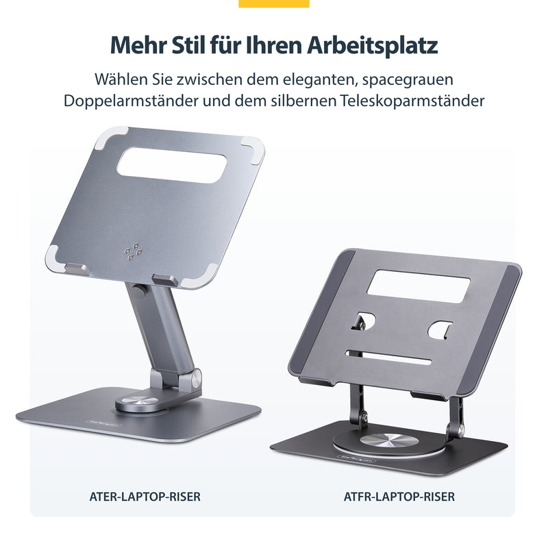StarTech.com Ergonomischer Höhenverstellbarer Laptopständer, Dreh-Neigbarer Computerständer, Tragbare Laptophalterung-Notebookständer, bis 5kg, Aluminium Konstruktion