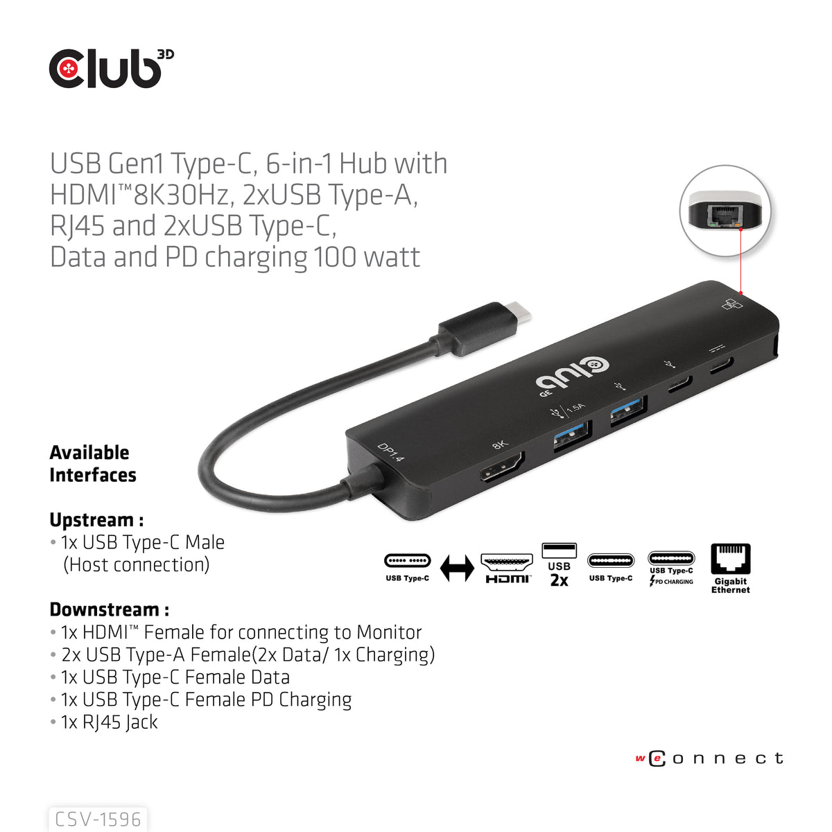 CLUB3D USB Gen1 Type-C, 6-in-1 Hub with HDMI 8K30Hz, 2xUSB Type-A, RJ45 and 2xUSB Type-C, Data and PD charging 100 watt