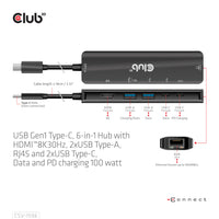 CLUB3D USB Gen1 Type-C, 6-in-1 Hub with HDMI 8K30Hz, 2xUSB Type-A, RJ45 and 2xUSB Type-C, Data and PD charging 100 watt