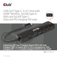CLUB3D USB Gen1 Type-C, 6-in-1 Hub with HDMI 8K30Hz, 2xUSB Type-A, RJ45 and 2xUSB Type-C, Data and PD charging 100 watt