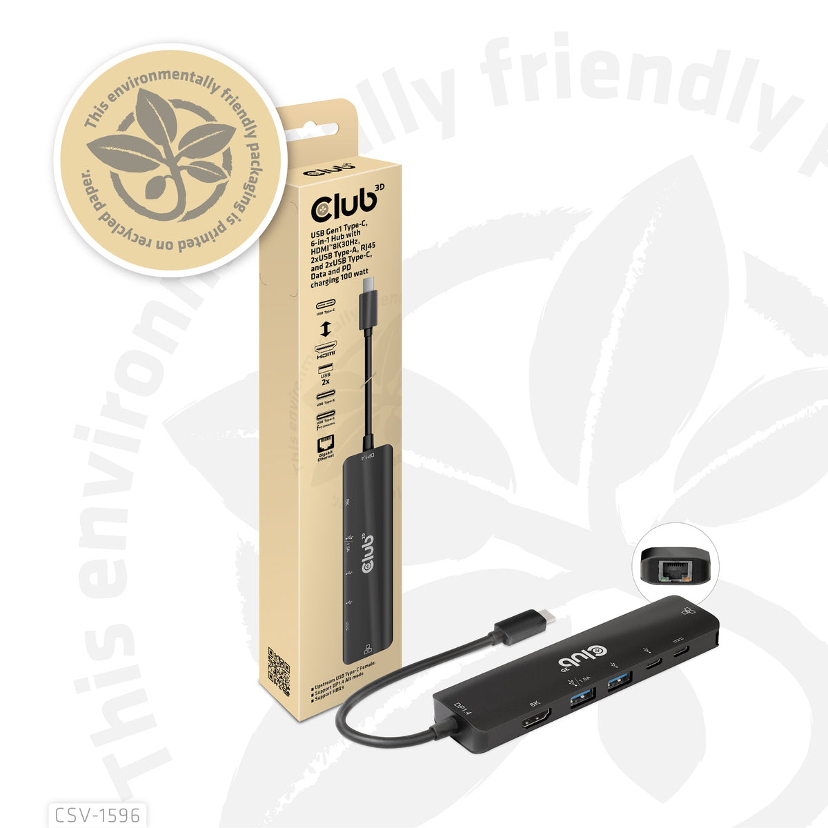 CLUB3D USB Gen1 Type-C, 6-in-1 Hub with HDMI 8K30Hz, 2xUSB Type-A, RJ45 and 2xUSB Type-C, Data and PD charging 100 watt
