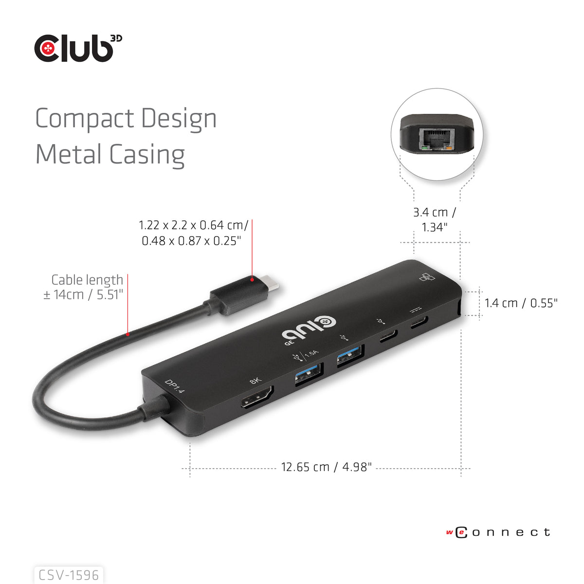 CLUB3D USB Gen1 Type-C, 6-in-1 Hub with HDMI 8K30Hz, 2xUSB Type-A, RJ45 and 2xUSB Type-C, Data and PD charging 100 watt