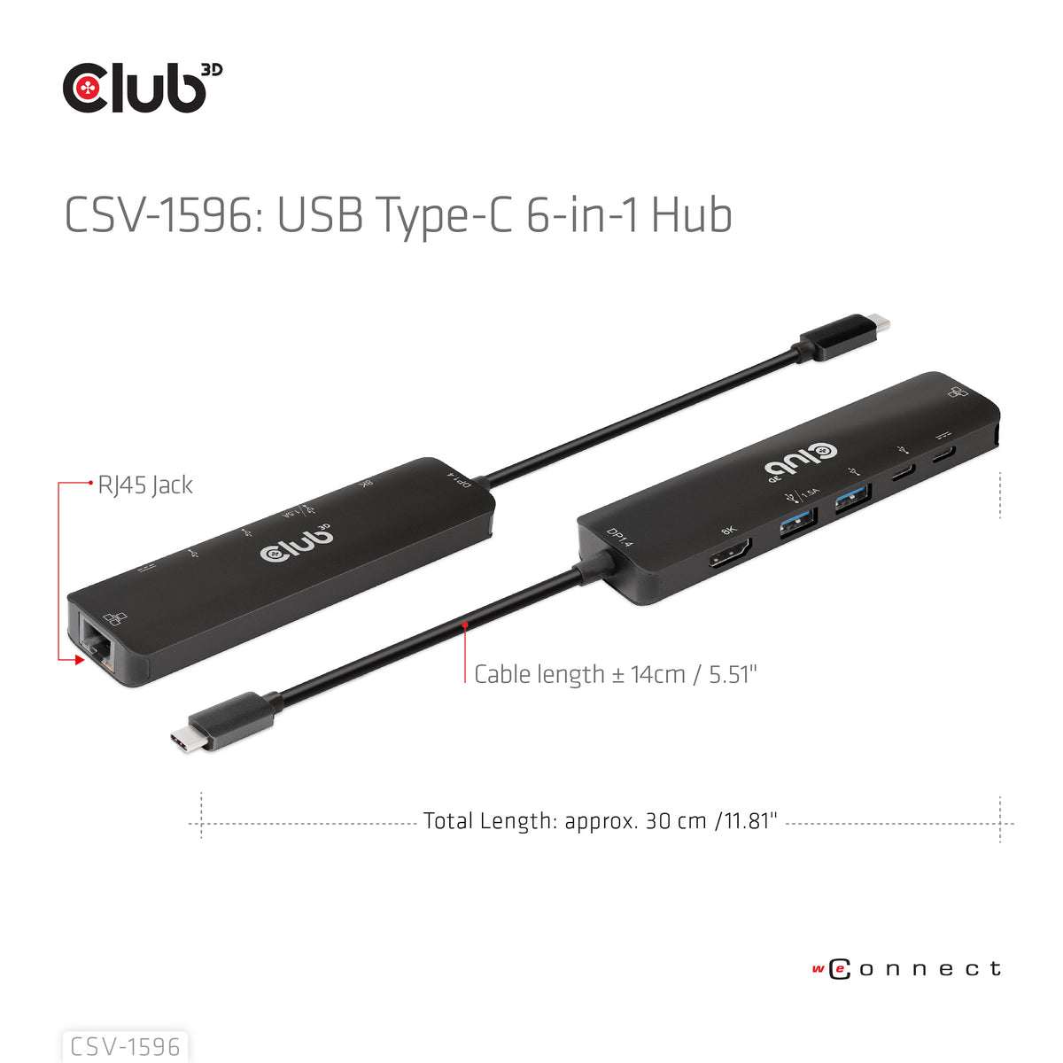 CLUB3D USB Gen1 Type-C, 6-in-1 Hub with HDMI 8K30Hz, 2xUSB Type-A, RJ45 and 2xUSB Type-C, Data and PD charging 100 watt