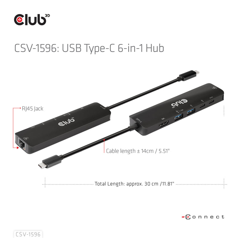 CLUB3D USB Gen1 Type-C, 6-in-1 Hub with HDMI 8K30Hz, 2xUSB Type-A, RJ45 and 2xUSB Type-C, Data and PD charging 100 watt