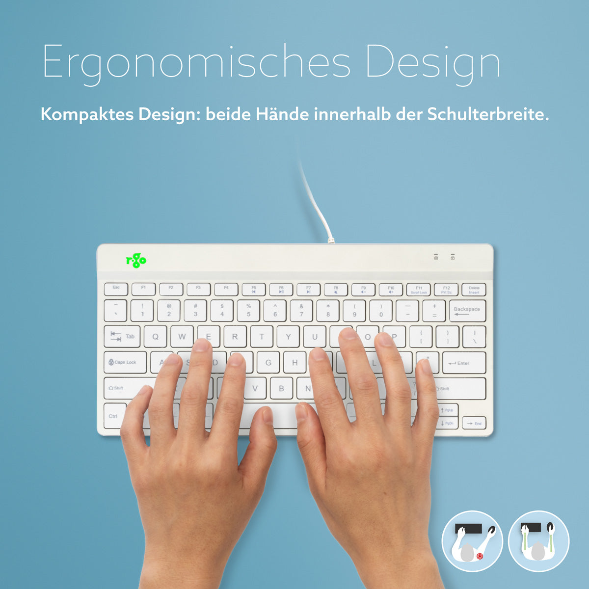 R-Go Tools Ergonomische Tastatur R-Go Compact Break, kompakte Tastatur mit Pausensoftware, QWERTY (US), Kabelgebunden, Weiß