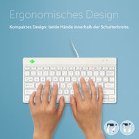 R-Go Tools Ergonomische Tastatur R-Go Compact Break, kompakte Tastatur mit Pausensoftware, QWERTY (US), Kabelgebunden, Weiß