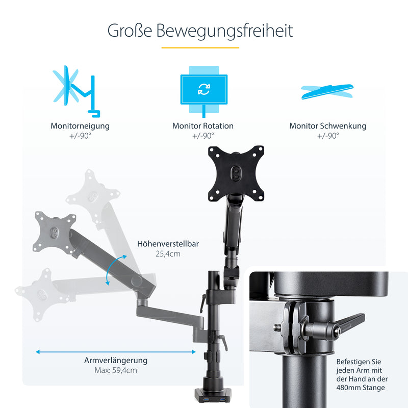 StarTech.com Schreibtisch-Monitorarm mit 2x USB 3.0-Anschlüssen - Monitorhalterung mit Kabelmanagement für bis zu 34 "VESA-Display - Ergonomischer Gelenkarm - Schreibtischklemme/Tülle
